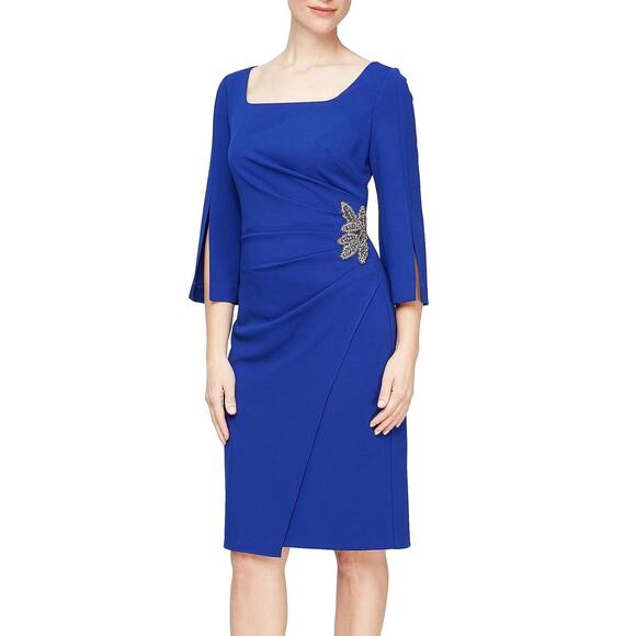 NWT New Alex Evenings Womens Size 4 Blue 3/4 Sleeve Beaded Floral Sheath Dress - Picture 1 of 4